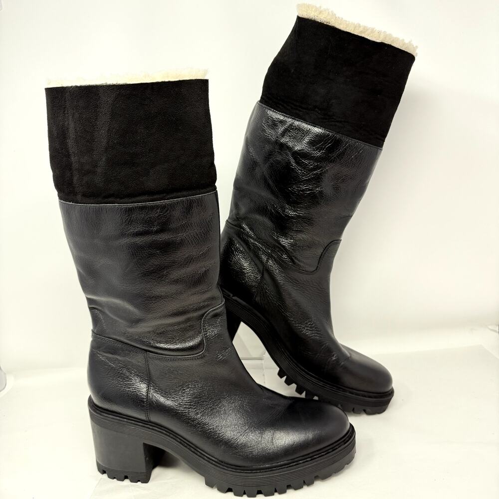 Marc Fisher LTD Willoe Moto Boots Women 9.5M Black Leather Sheep Fur Shearling